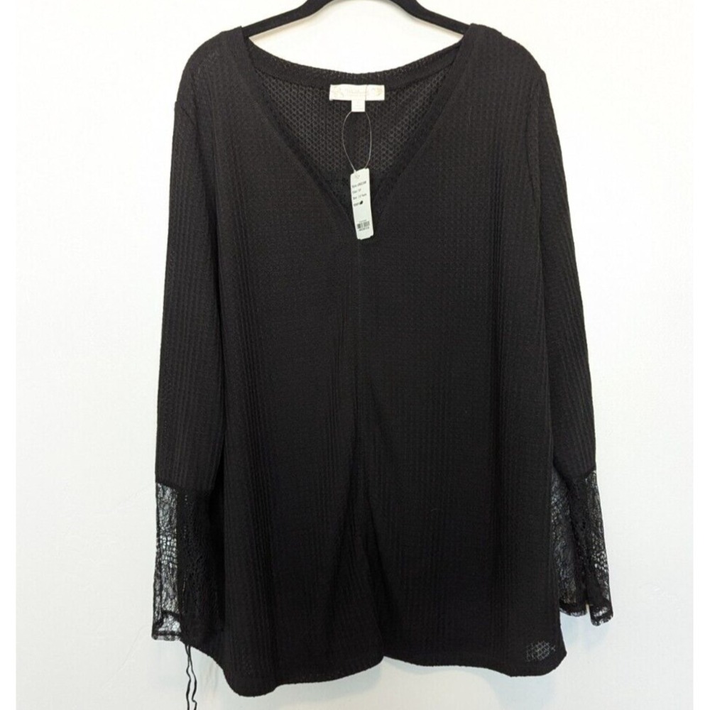 Suzanne Betro‎ Top Womens Plus Size 3X Black Waffle Knit Lace Long Sleeve Fairy